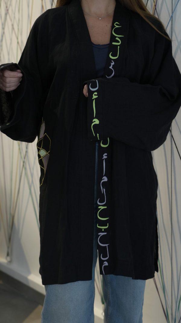 Black linen Kaftan, with Embroidery and fabric Paint - Image 2