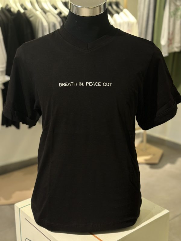 Cotton Embroidered V-Neck Tshirt - Peace in, Breath out