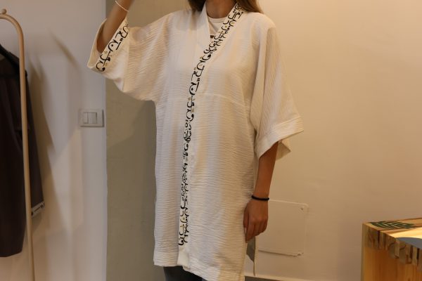 White Linen Kaftan, with Hand Embroidery and Fabric Paint