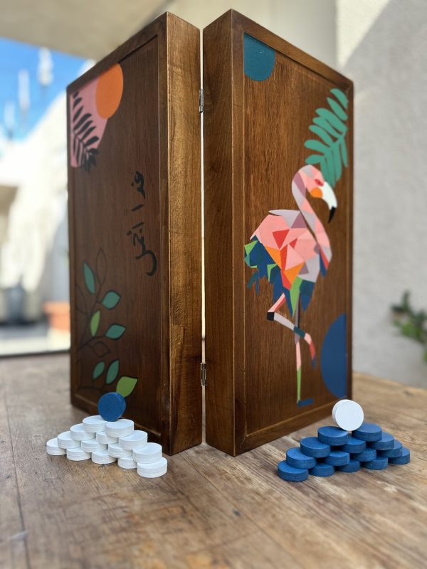 Hand Painted Wooden Backgammon Board Game - Flamingo