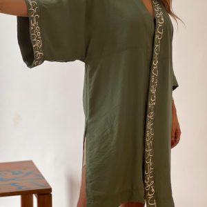 Linen Kaftan, with hand embroidery and fabric paint